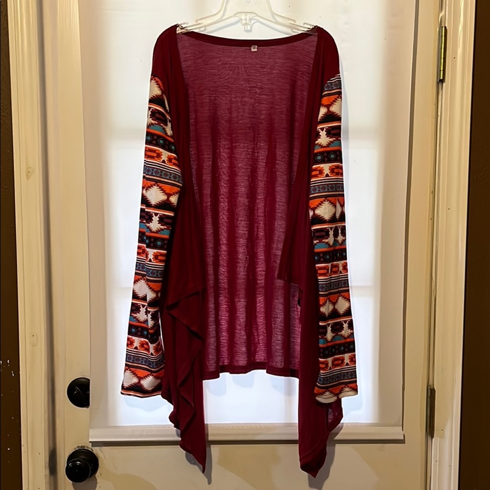 Bohemian Red Cardigan with Patterned Sleeves